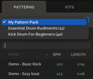 The PATTERNS dropdown showing three pattern packs available: My Pattern Pack (selected), Essential Drum Rudiments with 11 patterns, and Kick Drum For Beginners with 40 patterns.