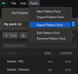 The Packs menu open from the top menu bar, showing New Pattern Pack, Import Pattern Pack, Export Pattern Pack, Edit Pattern Pack, and Remove Pattern Pack options.