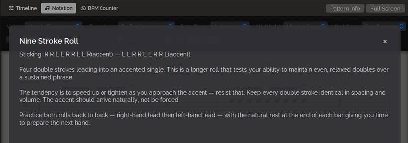 The Pattern Info overlay open over the Notation view, showing the title 'Nine Stroke Roll' with a sticking line and a multi-paragraph explanation of how to practice the rudiment.
