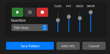 Pattern edit dialog footer showing Save Pattern, Add Info, and Cancel buttons, alongside play/stop/record controls, a Quantize dropdown, and CLICK/PAT/BACK/DRUM volume sliders.