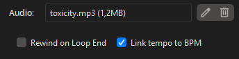 Backing track section of the pattern edit dialog showing an audio file (toxicity.mp3, 1.2MB) with Rewind on Loop End and Link tempo to BPM checkboxes — Link tempo to BPM is checked.