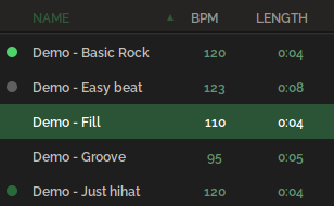A pattern list showing demo patterns with score indicators: green dots for higher-scored patterns, a gray dot for one above 70%, and no dot for patterns that haven't been attempted.