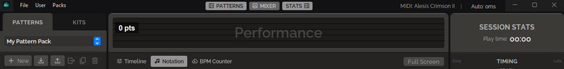 The new top layout showing File / User / Packs menus, PATTERNS / MIXER / STATS buttons, the connected MIDI device, a Performance score bar, and the Timeline / Notation / BPM Counter tabs with a Full Screen button on the right.