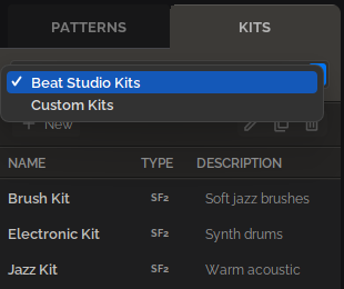 The KITS tab with the kit group dropdown open, showing Beat Studio Kits (selected) and Custom Kits; the kit list below shows Brush Kit, Electronic Kit, and Jazz Kit.
