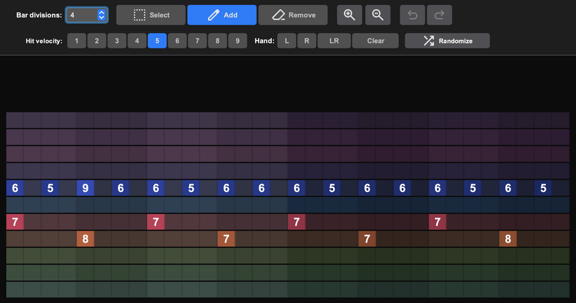 Pattern editor with Bar divisions set to 4, showing hi-hat velocity numbers (5, 6, 9), kick hits at velocity 7, and snare hits at velocities 7 and 8 across sub-divided bars.