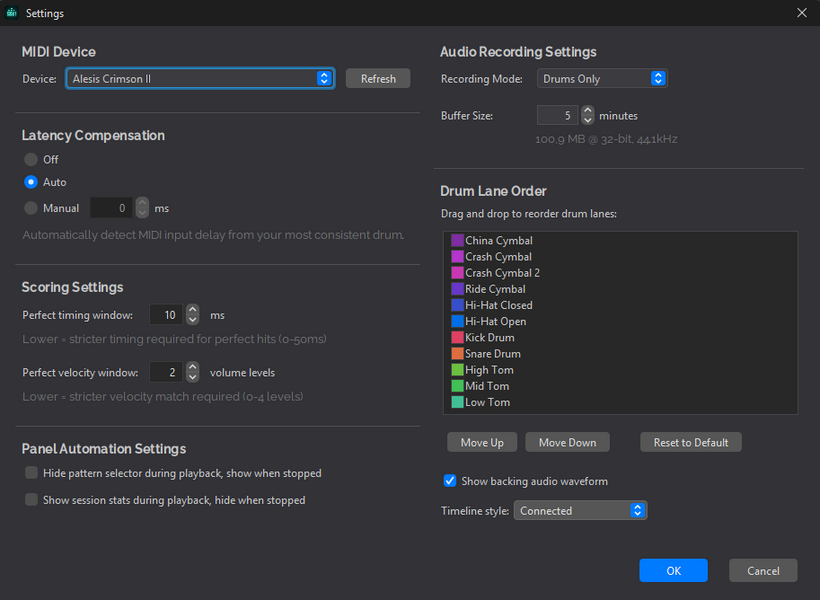 Settings dialog showing MIDI Device set to Alesis Crimson II, Latency Compensation set to Auto with Off and Manual ms options, Scoring Settings with perfect timing and velocity windows, Panel Automation toggles, Audio Recording Settings, and a drag-and-drop Drum Lane Order list.