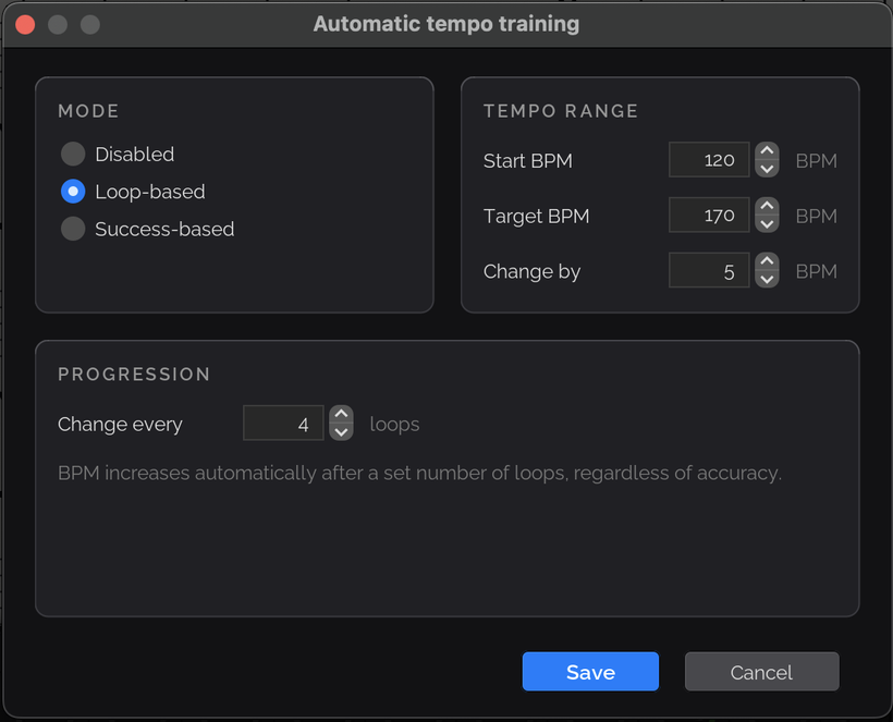 The Automatic tempo training dialog set to Loop-based mode, raising the tempo from 120 to 170 BPM in steps of 5 every 4 loops.