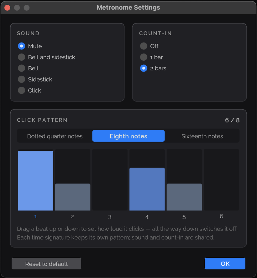 The Metronome Settings dialog with sound options (Mute, Bell and sidestick, Bell, Sidestick, Click), count-in options (Off, 1 bar, 2 bars), and a click pattern editor for 6/8 in eighth notes where each beat's bar height sets how loud it clicks.
