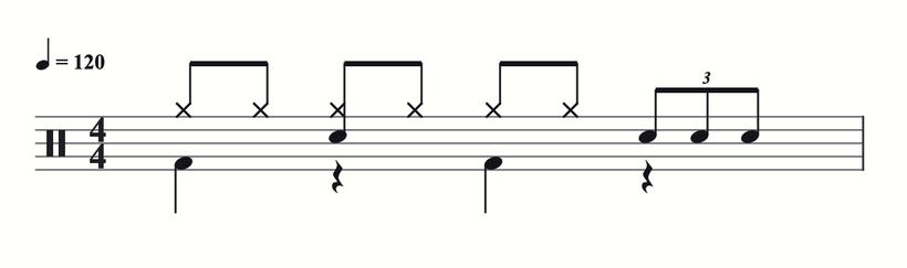 A bar of drum notation in 4/4 with a tempo mark of quarter note equals 120, hi-hat eighth notes on top, and an eighth-note triplet on the snare in the last beat.