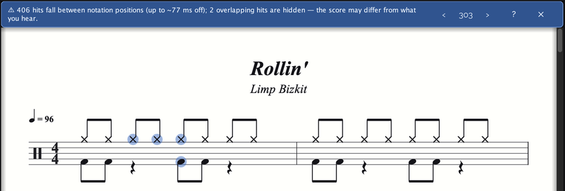 A blue warning bar above the score for "Rollin'" by Limp Bizkit saying 406 hits fall between notation positions and 2 overlapping hits are hidden, with previous and next arrows; the affected notes in the first bar are circled in blue.