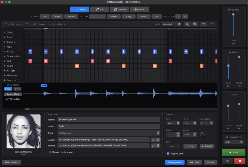 The refreshed pattern editor for Smooth Operator by Sade: a grid of hi-hat, kick and snare hits above a waveform, and below it cover art, pattern name, artist, pack and audio file fields, timing settings for time signature, notes, pickup, swing and BPM, and a Hide details button.