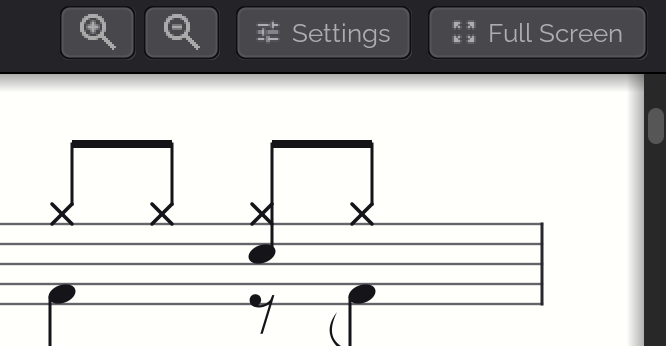 The top-right corner of the notation view with zoom buttons, a Settings button and a Full Screen button.