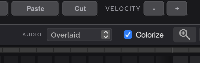 The pattern edit dialog toolbar with the Audio display set to Overlaid and a checked Colorize checkbox.