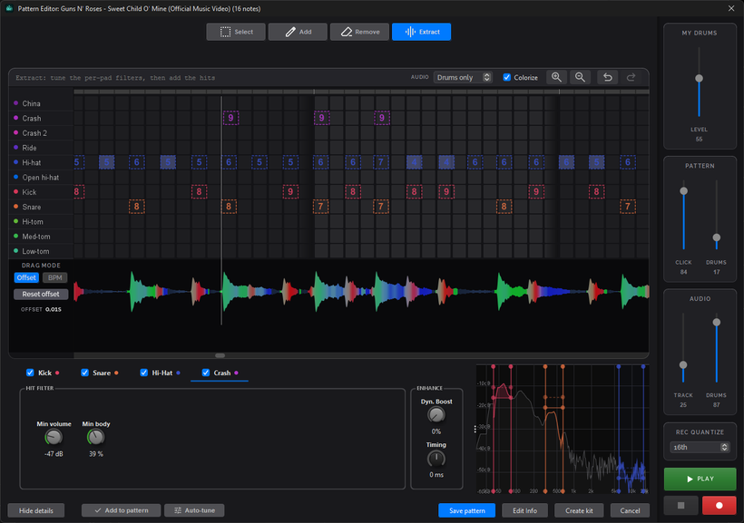 The pattern editor's Extract mode on Sweet Child O' Mine, with detected crash, hi-hat, kick and snare hits on the grid above a waveform coloured red, green and blue by frequency, and Kick, Snare, Hi-Hat and a new Crash tab with hit filter controls below.
