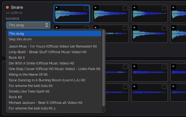 The Source dropdown for the Snare row, listing This song, Skip this drum, and other kits to take the pad from, including Rock Kit II and several kits built from songs.