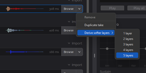 A sample slot's dropdown menu in the kit editor with Remove, Duplicate take, and a Derive softer layers submenu offering 1 to 5 layers.
