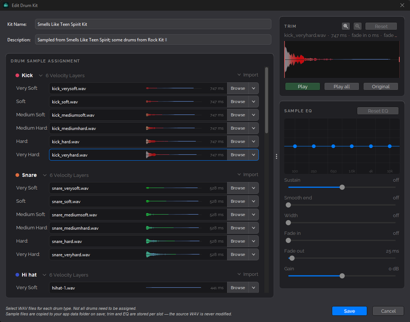 The Edit Drum Kit dialog with six velocity layers of WAV files for kick and snare, and Trim and Sample EQ panels on the right.