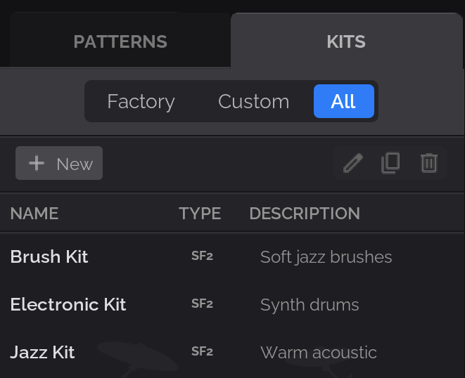 The Kits tab with new Factory, Custom and All filter buttons above a list of kits including Brush Kit, Electronic Kit and Jazz Kit.