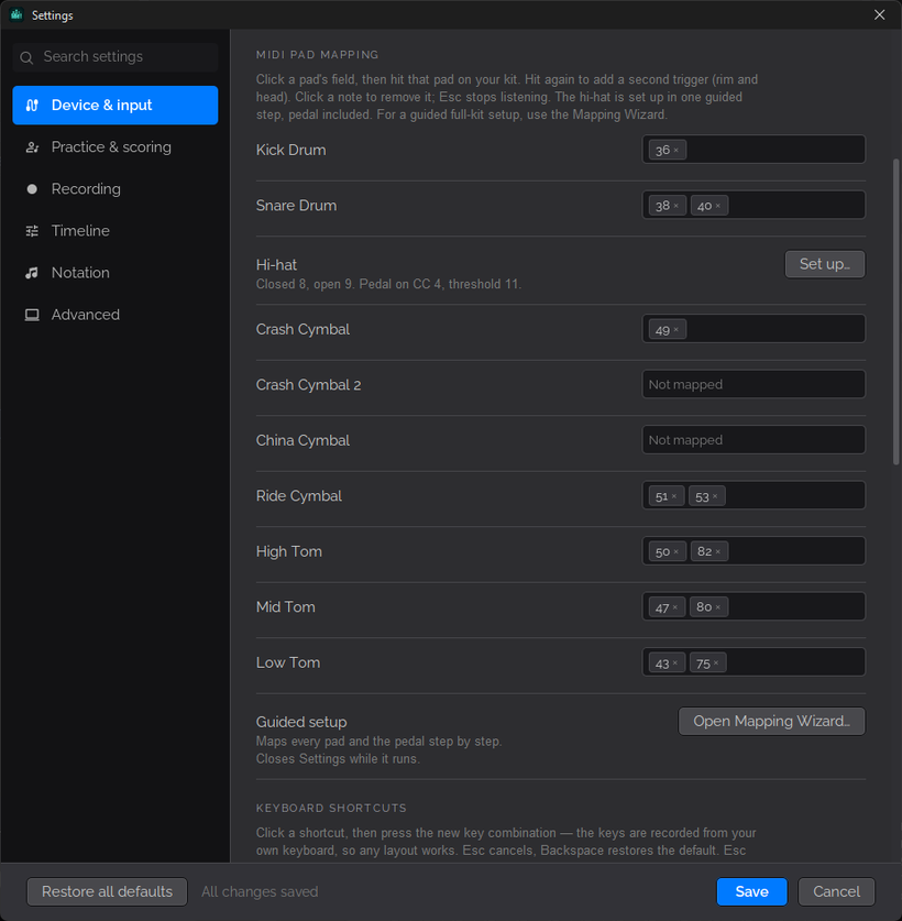 The MIDI Pad Mapping section of Settings, listing each drum with its assigned MIDI notes — kick 36, snare 38 and 40, crash 49, ride 51 and 53, and the toms — with a Set up button for the hi-hat and an Open Mapping Wizard button for guided setup.