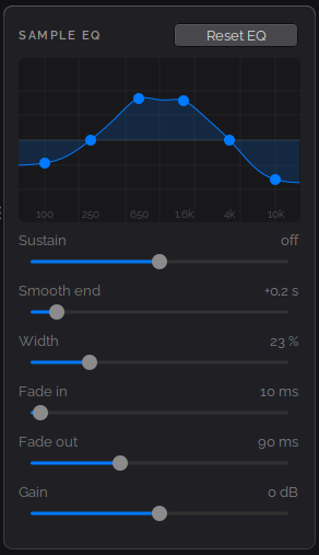 The Sample EQ panel with a six-band curve boosted in the mids, and sliders for Sustain, Smooth end, Width, Fade in, Fade out and Gain.