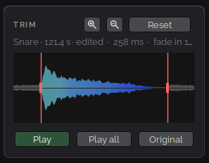 The Trim panel with a snare waveform and red start and end handles, and Play, Play all and Original buttons.