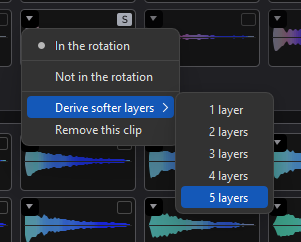 A clip's context menu with In the rotation, Not in the rotation, Remove this clip, and a Derive softer layers submenu offering 1 to 5 layers.